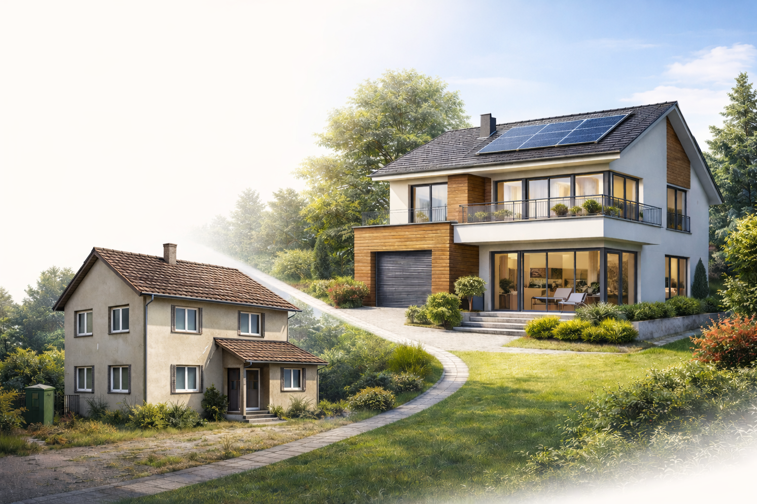 Modernisierung: Altbau und saniertes Haus